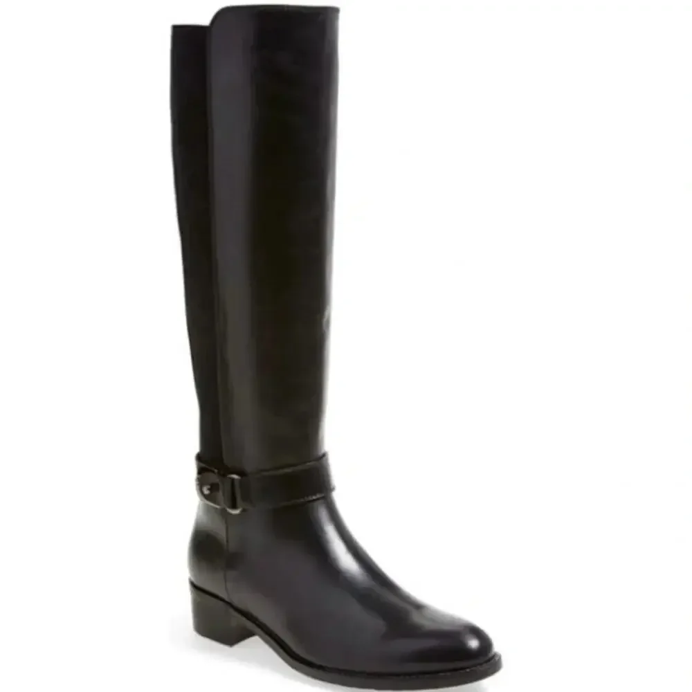 AQUATALIA Olalla Black Leather Knee High Boot Round Toe Riding Block Heel 8